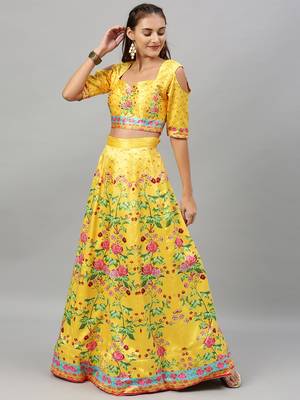 Yellow digital print
 satin semi stitched lehenga 3