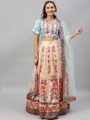 Beige digital print satin semi stitched lehenga 1