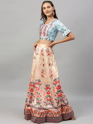 Beige digital print satin semi stitched lehenga 3