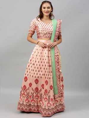 Peach digital print satin semi stitched lehenga 1
