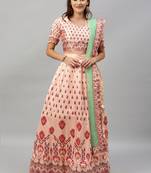 Peach digital print satin semi stitched lehenga
