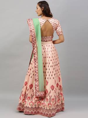 Peach digital print satin semi stitched lehenga 2