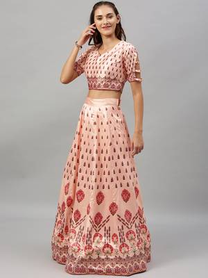 Peach digital print satin semi stitched lehenga 3