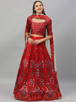 Pink digital print satin semi stitched lehenga 1