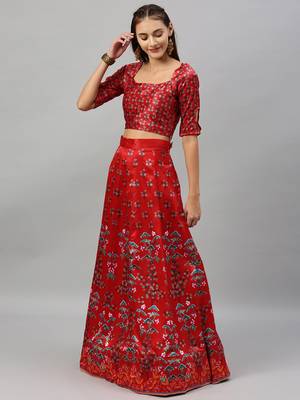 Pink digital print satin semi stitched lehenga 3