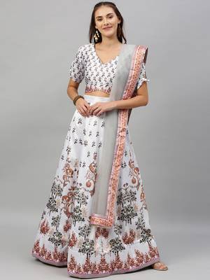White digital print satin semi stitched lehenga 1