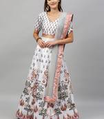 White digital print satin semi stitched lehenga