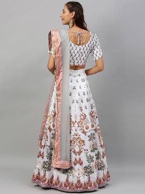 White digital print satin semi stitched lehenga 2
