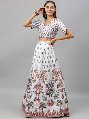White digital print satin semi stitched lehenga 3