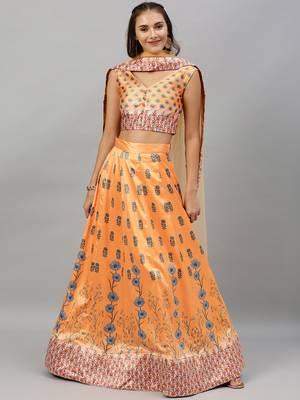 Yellow digital print satin semi stitched lehenga 1