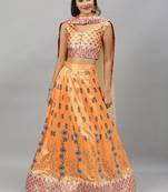 Yellow digital print satin semi stitched lehenga