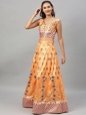 Yellow digital print satin semi stitched lehenga 3