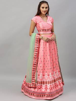 Light-pink digital print satin semi stitched lehenga 1