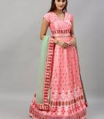 Light-pink digital print satin semi stitched lehenga