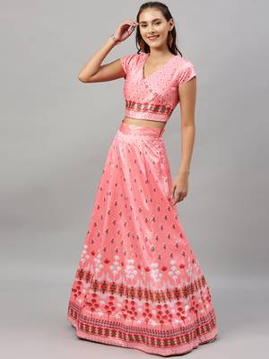 Light-pink digital print satin semi stitched lehenga 3