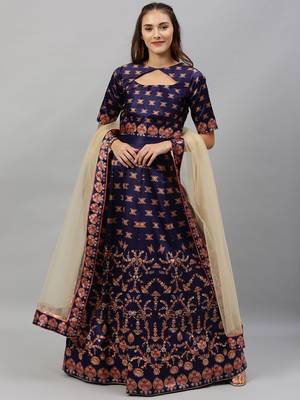 Navy-blue digital print
 satin semi stitched lehenga 1