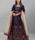 Navy-blue digital print
 satin semi stitched lehenga