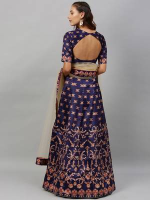 Navy-blue digital print
 satin semi stitched lehenga 2
