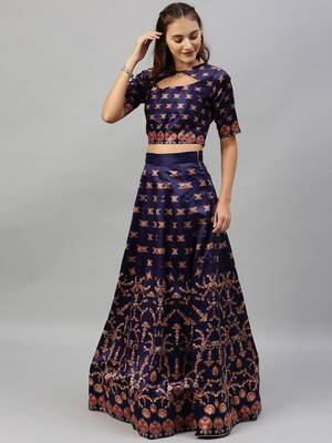 Navy-blue digital print
 satin semi stitched lehenga 3