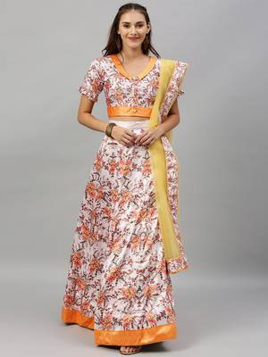 Off-white digital print satin semi stitched lehenga 1