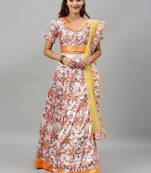 Off-white digital print satin semi stitched lehenga