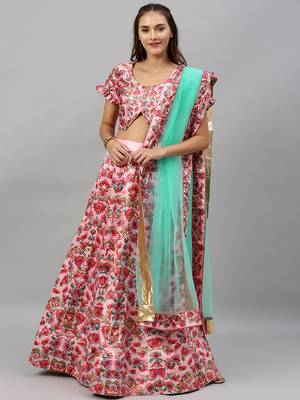Light-pink digital print
 satin semi stitched lehenga 1