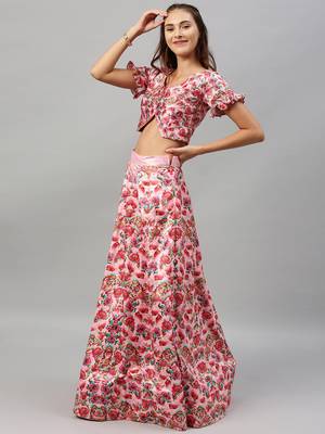 Light-pink digital print
 satin semi stitched lehenga 3