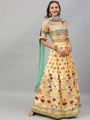 Yellow digital print satin semi stitched lehenga 1