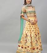 Yellow digital print satin semi stitched lehenga