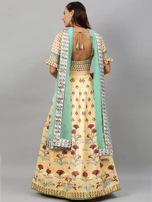 Yellow digital print satin semi stitched lehenga 2