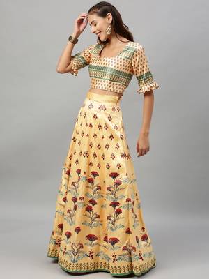 Yellow digital print satin semi stitched lehenga 3