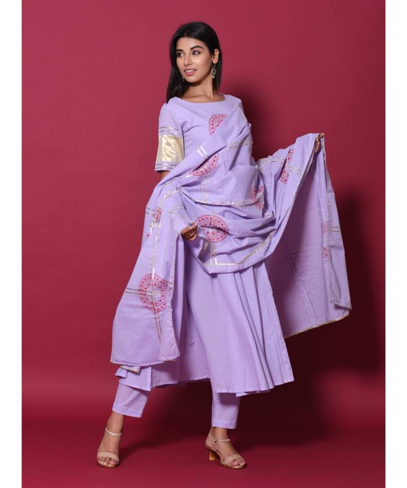 Purple block print cotton kurta sets