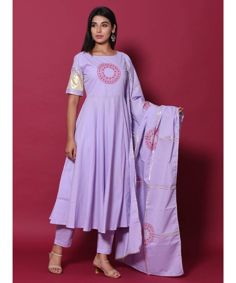 Purple block print cotton kurta sets