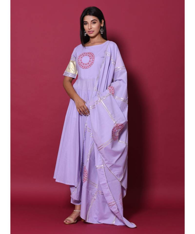 Purple block print cotton kurta sets