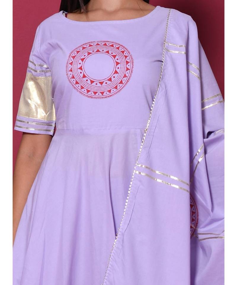 Purple block print cotton kurta sets