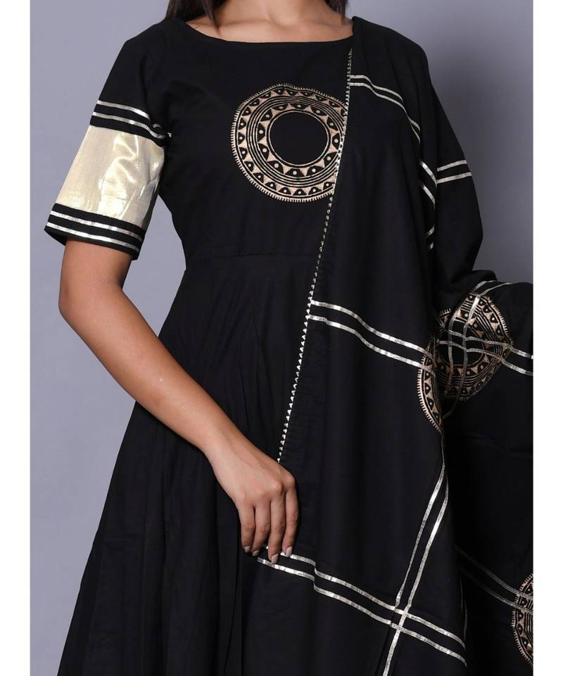 Black block print cotton kurta sets