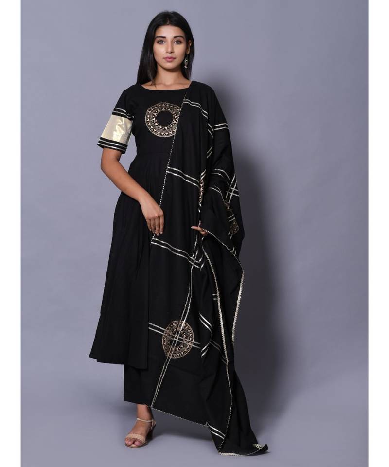 Black block print cotton kurta sets