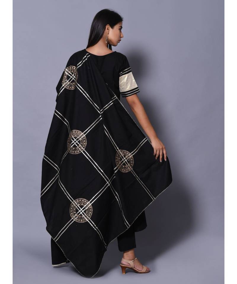 Black block print cotton kurta sets