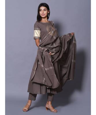 Grey block print cotton kurta sets 1