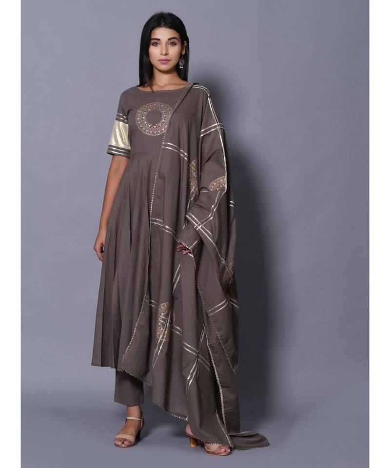 Grey block print cotton kurta sets