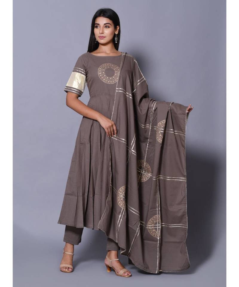 Grey block print cotton kurta sets