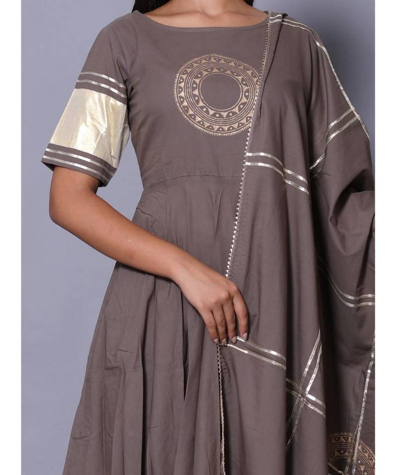 Grey block print cotton kurta sets