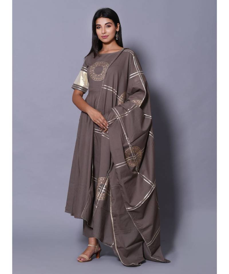 Grey block print cotton kurta sets