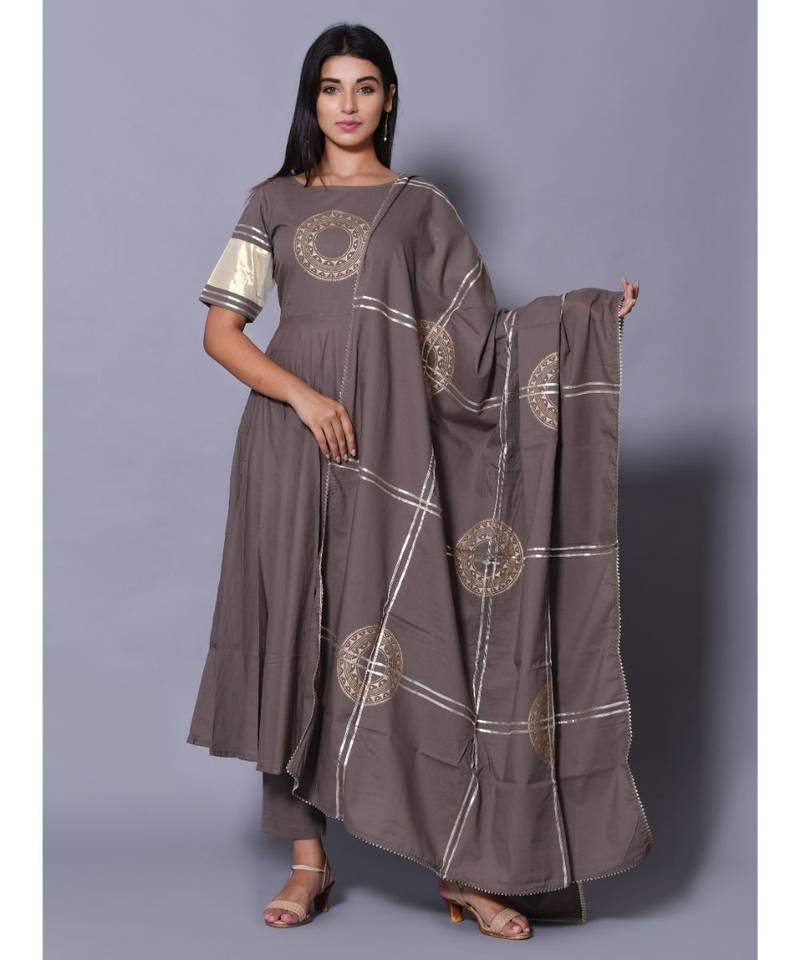 Grey block print cotton kurta sets