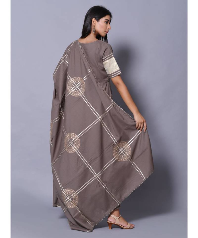Grey block print cotton kurta sets