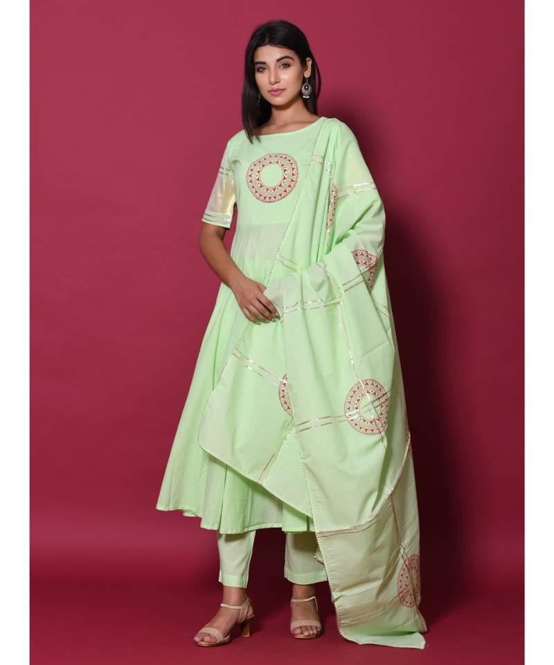 green block print cotton kurta sets