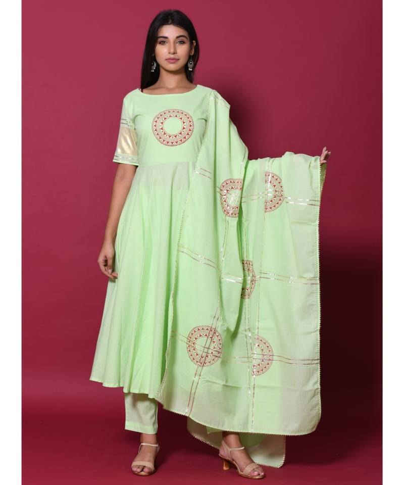 green block print cotton kurta sets