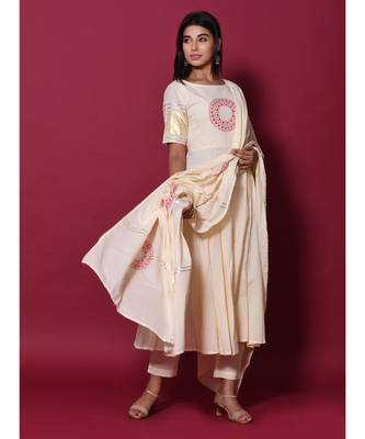 Beige block print cotton kurta sets 1