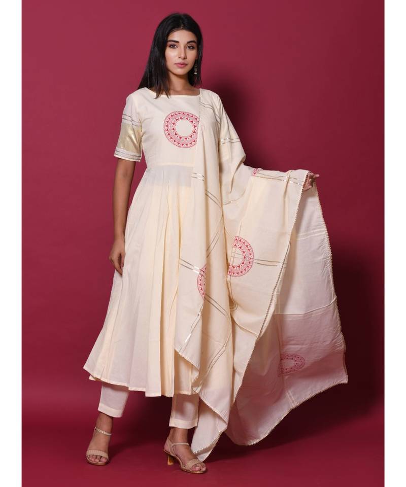 Beige block print cotton kurta sets