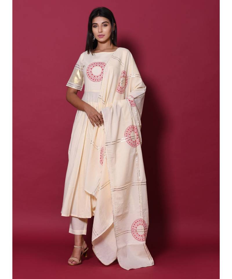 Beige block print cotton kurta sets